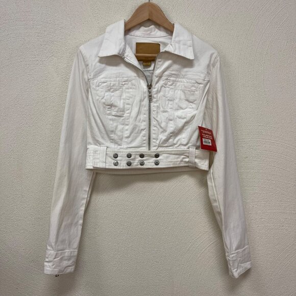 NWT Vintage Guess Jeans White Denim Crop Belted Jacket sz Medium - Picture 1 of 8